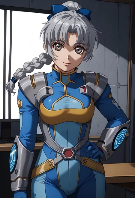 score_9, score_8_up, score_7_up, 1girl, solo, grey hair, grey eyes, braided ponytail, srwbluepilotsuit, blue bodysuit, pauldrons, wrist guards, metal belt, grey armor, helmet removed, no headwear, looking at viewer, slight smile, cowboy shot, indoors, metal wall, metal walls, monitor,