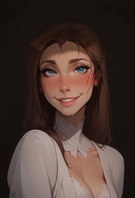 score_9, score_8_up, score_8. score_9, score_8_up, score_7_up, score_6_up, masterpiece, 4k, high quality, (best quality:1.1), ExpressiveH 1girl, JanePorterXLP, brown hair, blue eyes, medium breasts, blushing, looking at viewer, smiling, g0dd3ss, white dress green background