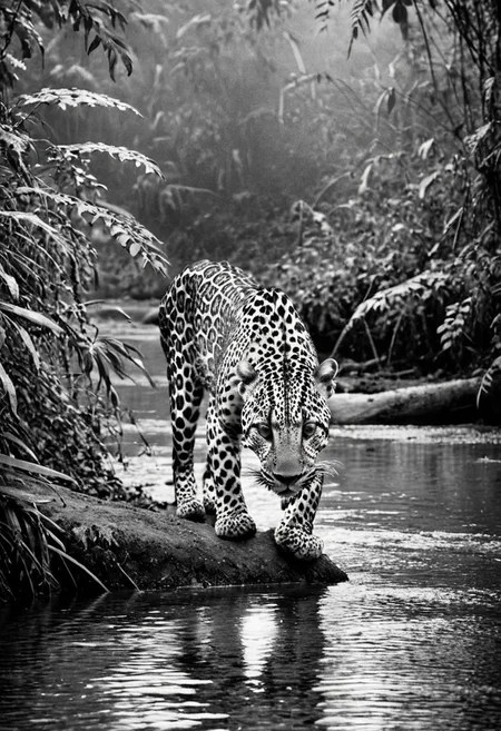 a (black and white:1.5) photo of a leopard, in the jungle, drinking at the at the edge of a river, at dusk, dense jungle forest, dramatic lights, shallow depth of field, blurred background, extreme details, intricate details, 8k, 35mm photo, photorealism, realistic photo, national geographic style, masterpiece, film photography style