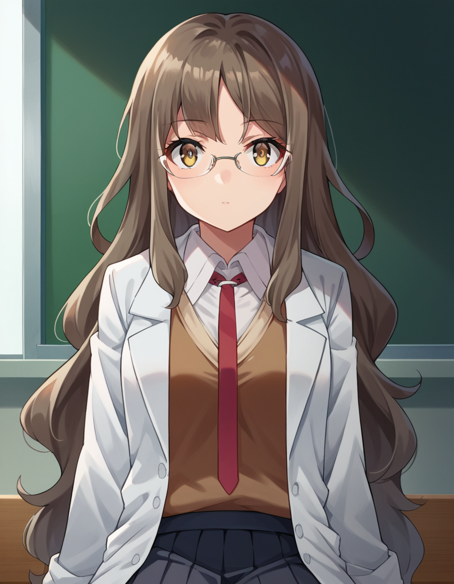 score_9, score_8_up, score_7_up, source_anime,
riofutaba, <lora:rio-futaba-ponyxl-lora-nochekaiser:1>,
rio futaba, long hair, brown hair, brown eyes,
glasses, skirt, shirt, school uniform, white shirt, pleated skirt, glasses, collared shirt, black skirt, vest, red necktie, labcoat, white labcoat, brown vest,
indoors, classroom, sitting,
looking at viewer, cowboy shot, dutch angle, dynamic pose,