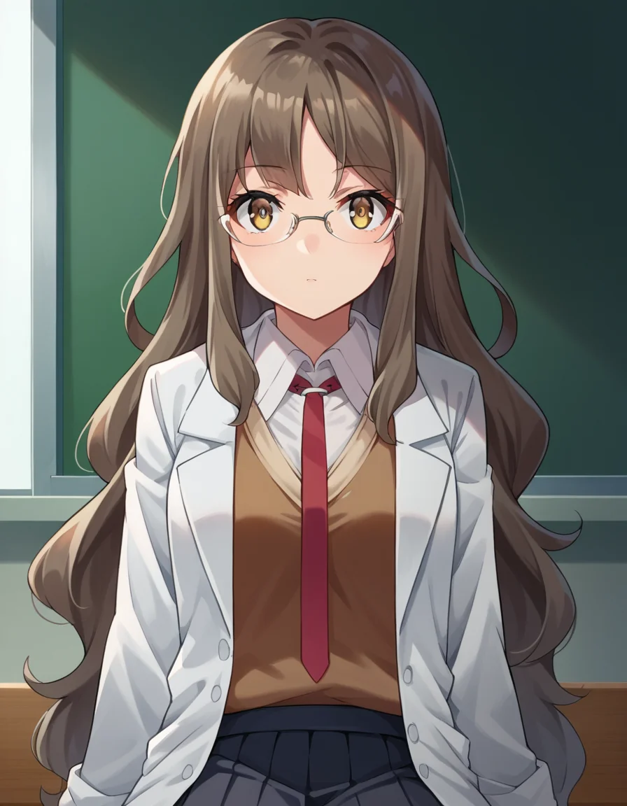 score_9, score_8_up, score_7_up, source_anime,
riofutaba, <lora:rio-futaba-ponyxl-lora-nochekaiser:1>,
rio futaba, long hair, brown hair, brown eyes,
glasses, skirt, shirt, school uniform, white shirt, pleated skirt, glasses, collared shirt, black skirt, vest, red necktie, labcoat, white labcoat, brown vest,
indoors, classroom, sitting,
looking at viewer, cowboy shot, dutch angle, dynamic pose,