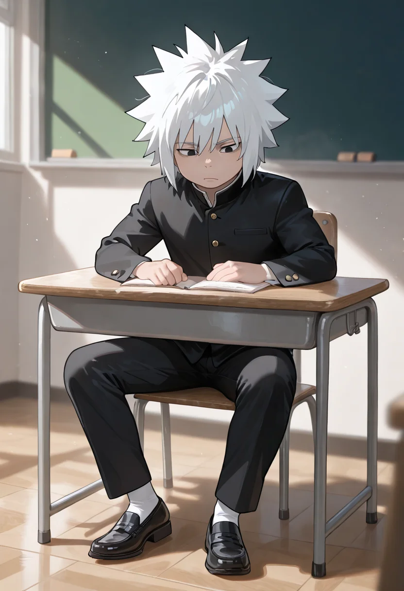 masterpiece, general, absurdres, newest, perfect quality, best quality, absolutely eye-catching, ambient occlusion, raytracing, LordJiraiya, JiraiyaGenin, 1boy, solo, aged_down, black_eyes, white_hair, medium_hair, spiked_hair, gakuran, black_footwear, classroom, bored, <lora:Jiraiya:0.8>
