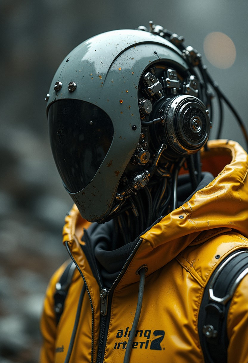 Monochrome with color spots, photo in phst artstyle, mechanical parts, wires, bald, cables, cyberpunk, spacecraft with a half robot face, black skin,, closeup photo of an wired-cyborg Spaceship, half robot, a vibrant yellow with technical macro writing resembling an Dragonball on the back,, floating in space wind, fists, writing, crepuscular rays, volumetric lighting, ultra detailed, deep Blacks, very detailed, atmospheric haze, Film grain, cinematic film still, shallow depth of field, highly detailed, high budget, cinemascope, moody, epic, OverallDetail, 2000s vintage RAW photo, photorealistic, candid camera, color graded cinematic, eye catchlights, atmospheric lighting, imperfections, natural, shallow dof