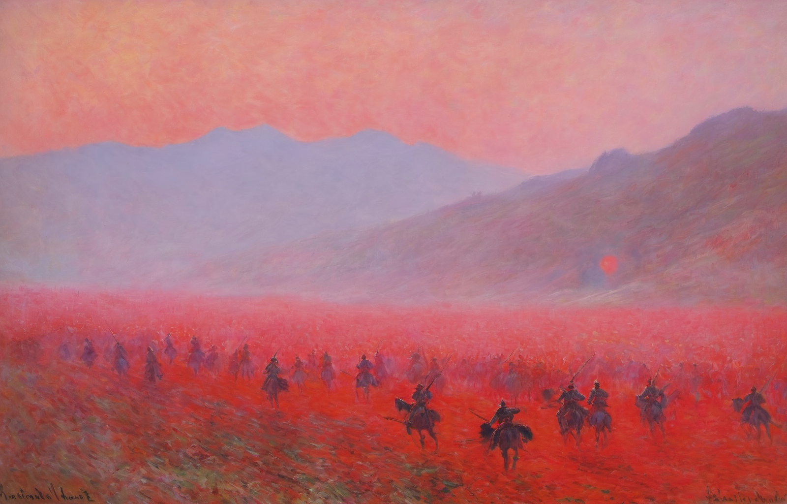 Monet, oil painting, scenery, red theme, 
A realistic oil painting depicting an ancient Chinese battlefield scene, with detailed drawings of soldiers in historically accurate armor, engaging in combat amidst a mist-covered field under the early morning light, with a backdrop of distant mountains
 <lora:Monet_V4-000008:1>