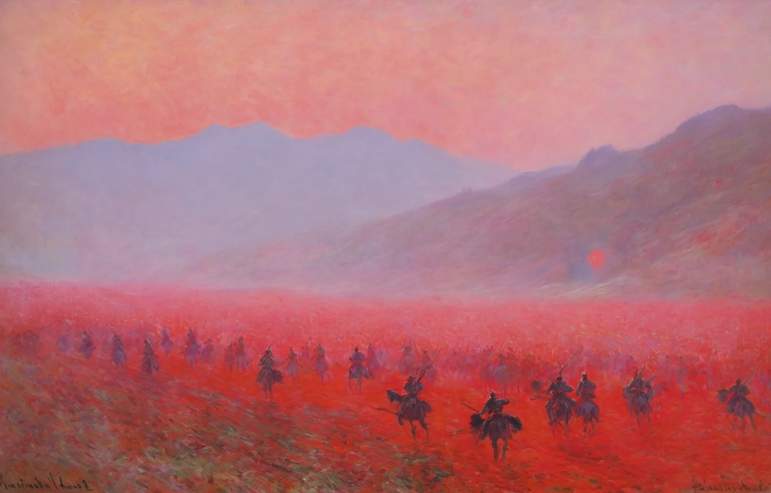 Monet, oil painting, scenery, red theme,
A realistic oil painting depicting an ancient Chinese battlefield scene, with detailed drawings of soldiers in historically accurate armor, engaging in combat amidst a mist-covered field under the early morning light, with a backdrop of distant mountains
<lora:Monet_V4-000008:1>