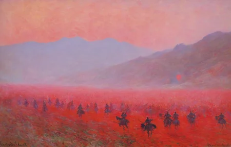 Monet, oil painting, scenery, red theme,
A realistic oil painting depicting an ancient Chinese battlefield scene, with detailed drawings of soldiers in historically accurate armor, engaging in combat amidst a mist-covered field under the early morning light, with a backdrop of distant mountains
<lora:Monet_V4-000008:1>