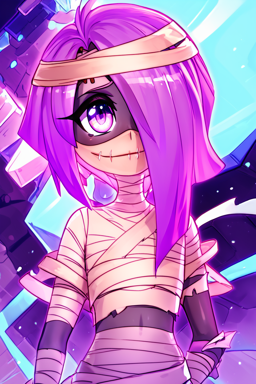score_9, score_8_up, score_8,   BREAK, , zzDaimon, purple hair, purple eyes, mummy, colored skin, bandages,  grey skin,  <lora:Daimon_AFKArena_PDXL:1.0>, , BREAK, smile, closed mouth, looking at viewer, cowboy shot,  ,,, embedding:zPDXL, Expressiveh, ,,, <lora:MantisStyle_PDXL_v2:0.8>, <lora:SDXLFaeTastic2400:0.5>, <lora:Expressive_H-000001:0.4>,