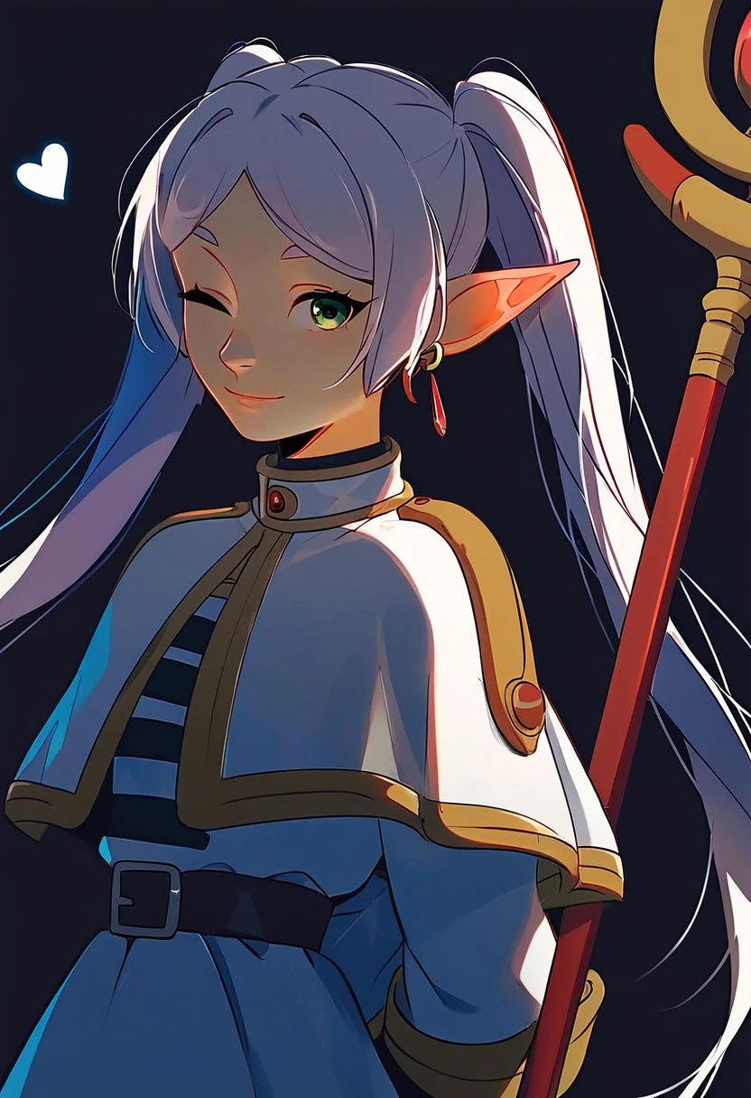 score_9, score_8_up, score_7_up, 1girl, solo, nereirfpnxl, frieren, pointy ears, green eyes, twintails, staff, long hair, earrings, jewelry, capelet, elf ears, looking at viewer, dress, simple background, white capelet, long sleeves, white dress, smiling, parted bangs, white hair, half body, heart, one eye closed, winking, from side, hands behind back, dark background, lineart, flat color, upper body,