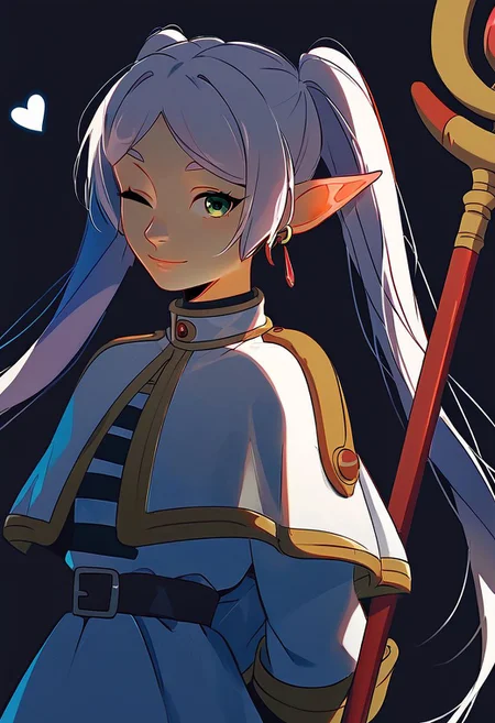 score_9, score_8_up, score_7_up, 1girl, solo, nereirfpnxl, frieren, pointy ears, green eyes, twintails, staff, long hair, earrings, jewelry, capelet, elf ears, looking at viewer, dress, simple background, white capelet, long sleeves, white dress, smiling, parted bangs, white hair, half body, heart, one eye closed, winking, from side, hands behind back, dark background, lineart, flat color, upper body,