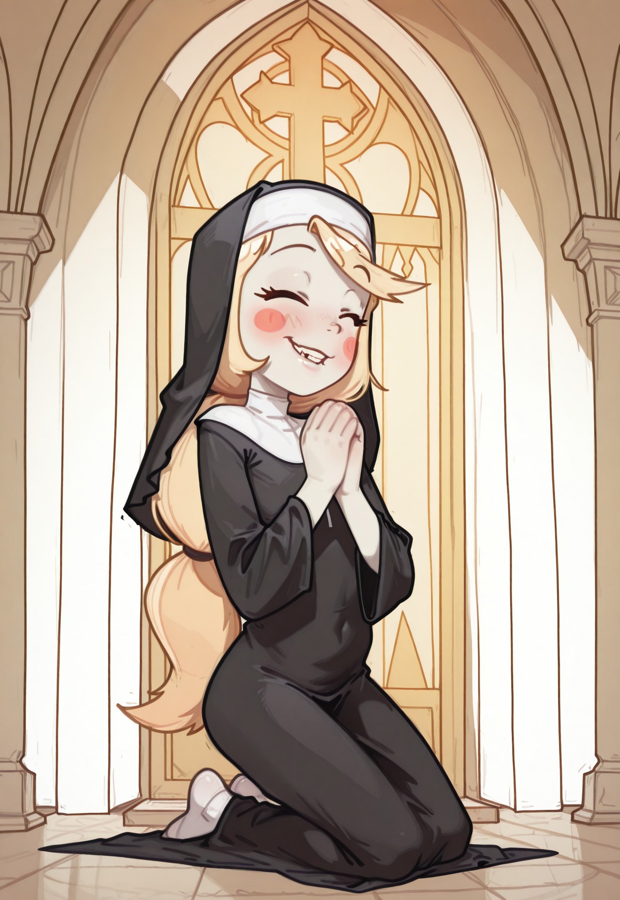 best quality, masterpiece, very aesthetic, absurdres, highres, detailed, detailed skin, HD, 4K, geh1, galacticmichi, semi-realistic, rimixa, possmach, arrusa, orenji, 1girl, solo, charlie morningstar, red eyes, yellow sclera, low ponytail, flat chests, young, skinny body, pale skin, long hair, blush stickers, blonde hair, very long hair, low-tied long hair, nun, nun's robe, closed eyes, smile, blush, lip biting, praying, kneeling, confessional, temple, multi-colored fresco