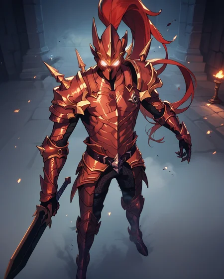 score_9, score_8_up, score_7_up, source_anime, action pose,score_6, glitch, from above, lights,blurred background, (fog:1.2), solo ,1boy, blood_igris, glowing, white eyes, glowing eyes, helmet, armor, dungeon, holding sword, <lora:Blood_Igris:0.8>