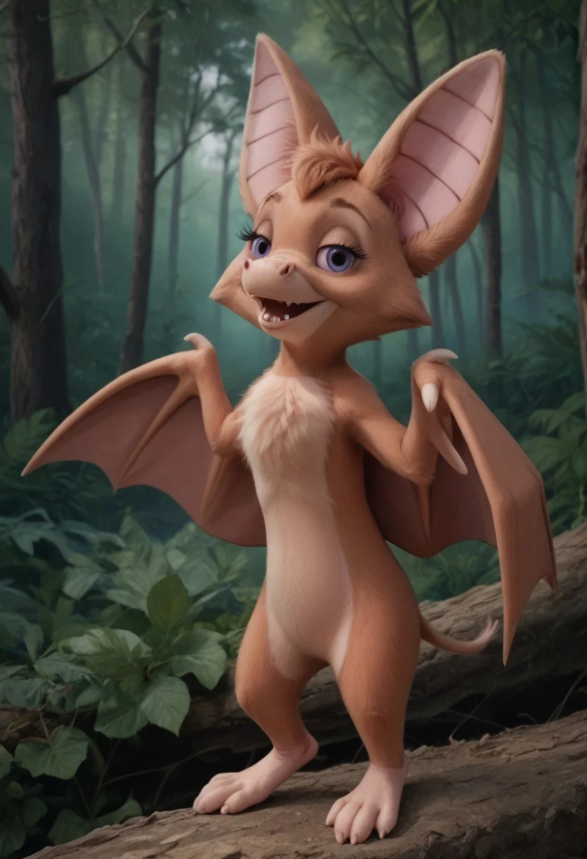 score_9, score_8_up, score_7_up, score_6_up, 1girl, hi_res, Foxglove bat, bat, bat tail, one tail, Cartoon, detailed background, very big bat wings, wings much bigger than body, big eyes, 4fingers, 4k, ultra detailed, focus eyes, short bat legs, beautiful legs, seductive smile, looking at viewer, standing, raised wings, very wide wings, (summer forest:1.4), open mouth, half closed eyes, 3/4 side view, looking at viewer, full body view, close view, slim body, close view