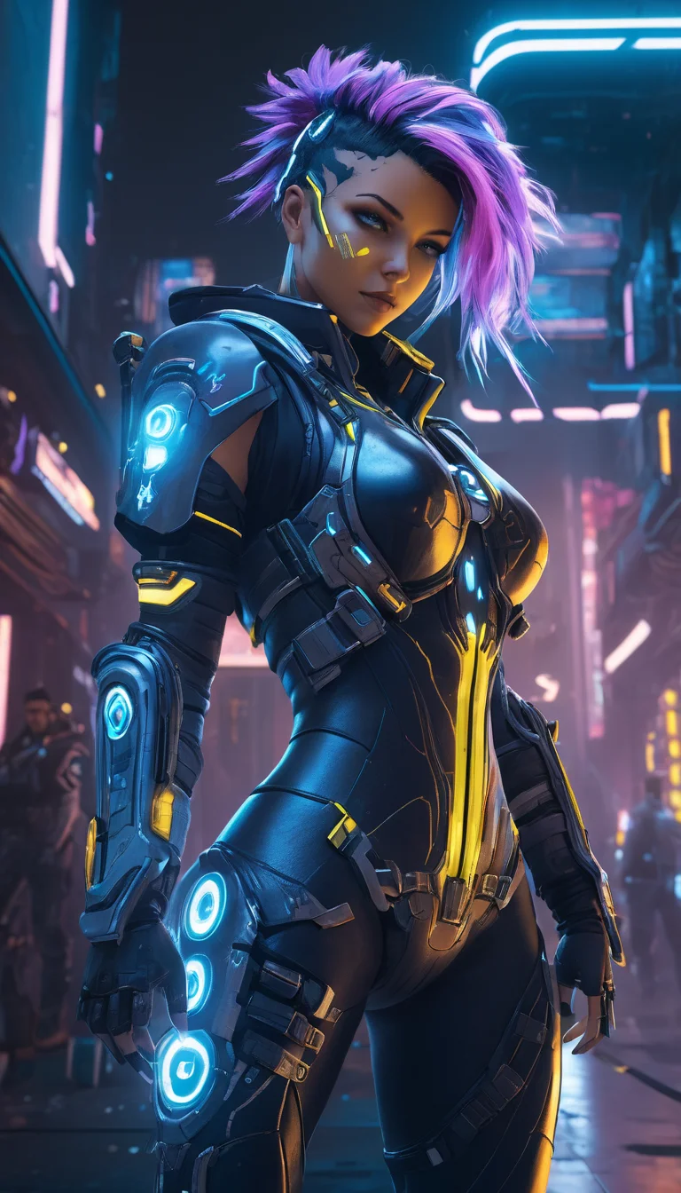 breathtaking Nova \(StarCraft\), (reimagined in a cyberpunk universe), (cyberpunk style), (cyberpunk), (cyberpunk outfit), augmentation, cybernetics, (cyberpunk outfit), (punk hair), glowing neon lights, cinematic scene, hero view, action pose, masterpiece, best quality, high quality, absurdres, vivid <lora:nova_xl_v1:1> . award-winning, professional, highly detailed