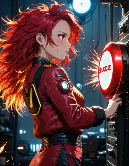 woman pressing button "BUZZ", zapped hair, electrified hair, beautiful woman touching big red button with text "BUZZ",  <lora:texta:0.9>, wild hair, hair standing up,  <lora:glowneon_xl_v1:1> sparks, (anime, masterpiece, intricate:1.3), (best quality, hires textures, high detail:1.2), (4k),(incredibly detailed:1.4),UHD, 8K, ultra detailed