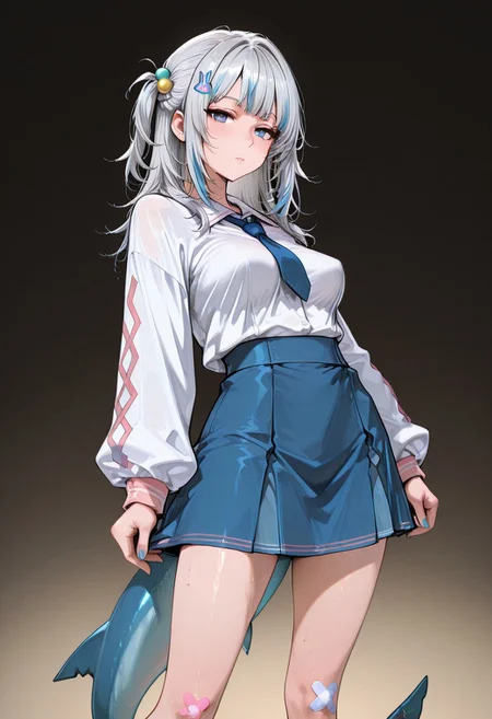 very aesthetic, high resolution, high quality, amazing quality, detailed, masterpiece, absurdres, score_9, score_8_up, score_7_up, 328145878style /style/, simple background, (natural lighting, scenery), (1girl, solo), woman, mature female, grey hair, streaked hair, blue eyes, shark tail, blue nails, vivid eye color, (beautiful eyes:1.2), dark_pupils, (gradient iris, crisp iris edges), (looking_at_viewer), (collared shirt, multicolored jacket, pink trim, blue necktie, blue skirt, (yellow sweater:0.4), bandaid on knee, one side up, hair bobbles, rabbit hairpin, shark hairpin, grey hair, streaked hair, blue eyes, shark tail, blue nails), lean body, perky_breasts, fit body proportion, standing, posing, frontview, medium_shot, dynamic pose,