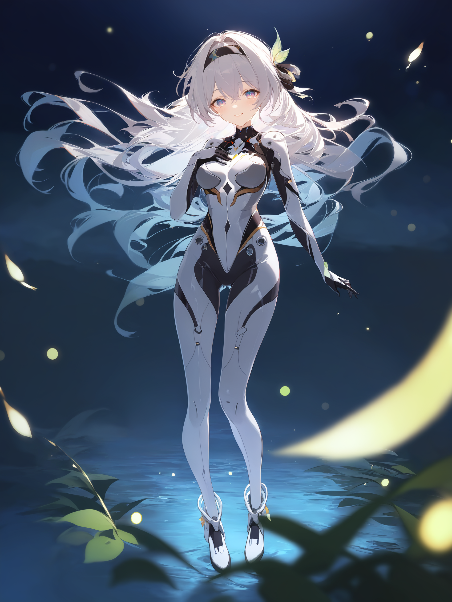illustration, incredibly absurdres, ultra detailed, masterpiece, best quality, perfect features, intricate details, ray tracing, very aesthetic, (hitenkei, askzy:0.4), <lora:XL-aesthetic_anime:1:hr=0.1>, <lora:XL-detailed_notrigger:1:hr=0.5>, <lora:Char-HonkaiSR-Firefly-V4-SDXL:0.9>,  1girl, firefly \(honkai: star rail\), solo, hairband, hair ribbon, plugsuit, full body, standing, smile, floating hair, depth of field, hands on own chest, crying with eyes open, bokeh, fireflies, night