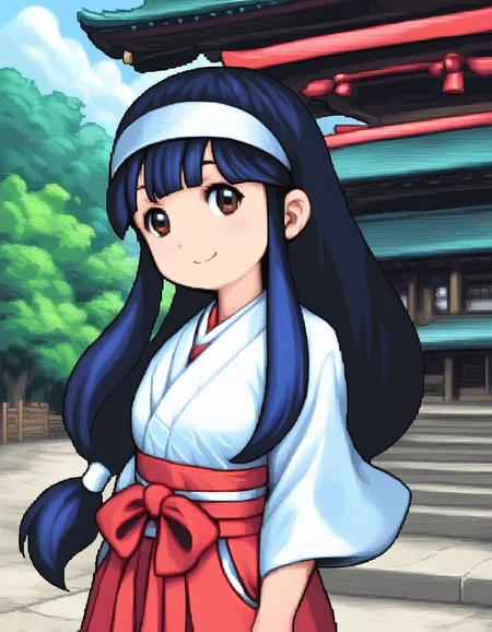 score_9, score_8_up, score_7_up, source_anime, rating_explicit, BREAK <lora:Sayo-chan_XL:1> sayo-chan, long hair, blue hair, hairband, white hairband, low-tied long hair, bangs,black hair, sidelocks, blunt bangs,
1girl, solo, japanese clothes, miko, smile, red hakama, hakama, skirt, bow, hakama skirt, brown eyes,
shrine, rope, tree, outdoors,
smile,
looking at viewer,
cowboyShot,