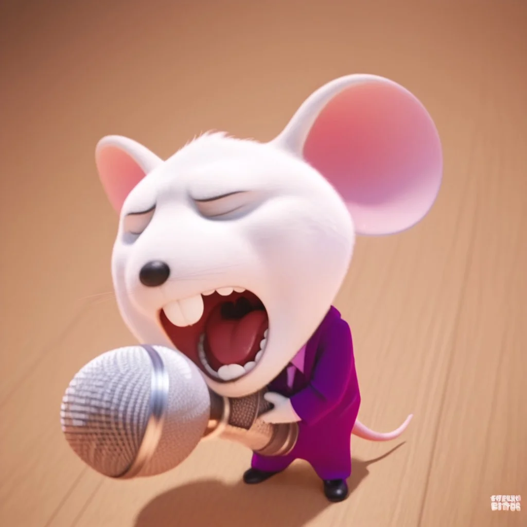 Mike_sing, white fur, mouse teeth, mouse, anthro, standing, holding Microphone, open mouth, wide open mouth, mouth open wide, uvula, tongue, detailed mouth, closed eyes, good angle, suit, Purple suit, 4k, realistic, pose, dynamic angle, ((Full body))
