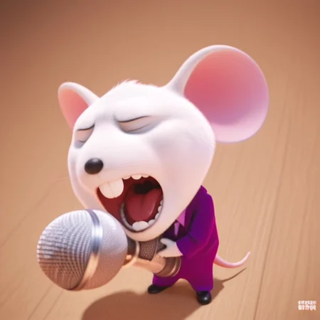 Mike_sing, white fur, mouse teeth, mouse, anthro, standing, holding Microphone, open mouth, wide open mouth, mouth open wide, uvula, tongue, detailed mouth, closed eyes, good angle, suit, Purple suit, 4k, realistic, pose, dynamic angle, ((Full body))