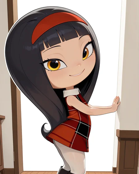 masterpiece, best quality, amazing quality, very aesthetic, absurdres, newest, solo, Teresa_GreenZYN, 1girl, solo, black hair, blunt bangs, long hair, dress, red hairband, pantyhose, boots, cowboy shot, looking at viewer, beautiful, ((beautiful face, beautiful eyes)), Wide Hips, Big thighs, standing,(smile, dutch angle, naughty pose, looking at viewer, indoors, elegant room, solo, dynamic pose, full_body, head tilt,),((white background, White frame, white outline))