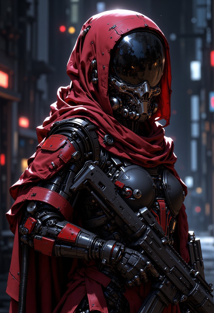 mythp0rt, D4rkCyb3rDyn34n1m3 style, photorealistic image of a female space marine in red and black armour, helmet with a clear visor reflecting light, hyperdetailed helmet, holding an assault rifle, dark abstract background suggesting interior of spaceship