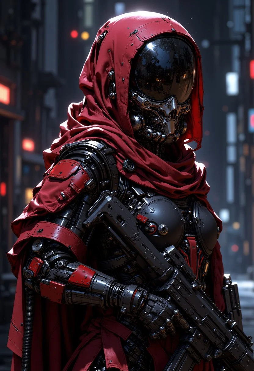 mythp0rt, D4rkCyb3rDyn34n1m3 style, photorealistic image of a female space marine in red and black armour, helmet with a clear visor reflecting light, hyperdetailed helmet, holding an assault rifle, dark abstract background suggesting interior of spaceship