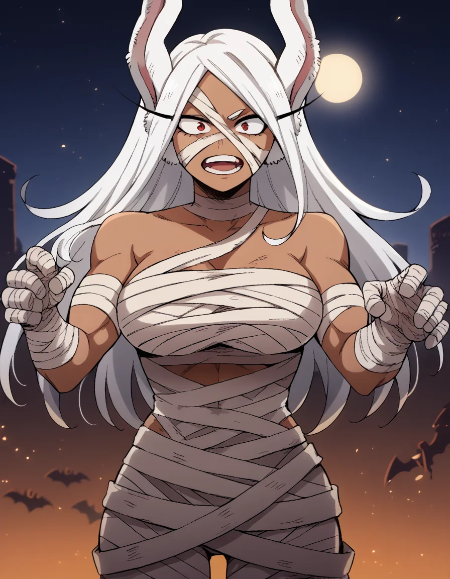 score_9, score_8_up, score_7_up, source_anime, <lora:rumi-usagiyama-ponyxl-lora-nochekaiser:1>, rumi usagiyama, long hair, animal ears, white hair, dark skin, rabbit ears, dark-skinned female, rabbit girl, red eyes, parted bangs, large breasts, <lora:mummy-costume-ponyxl-lora-nochekaiser:1>, mummy costume, bandages, halloween costume, bandaged arm, zombie pose, bandage on face,, desert, moon, night, open mouth,, cowboy shot