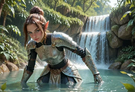 (aerial perspective), A quality photograph of a woman with elf ears , blue eyes and long, wet brown hair, tied in a messy bun, is crouched in a shallow stream. Her armor is intricately detailed, featuring silver and black steel plates with a mix of smooth and textured surfaces, and includes shoulder guards, gauntlets, and a breastplate with ornate engravings, she is gripping a large, double-edged silver sword with both hands.the sword shimmers in light. The background features a cascading waterfall surrounded by lush greenery, with water droplets suspended in mid-air. The scene exudes a sense of action and adventure, reminiscent of fantasy or historical settings.
