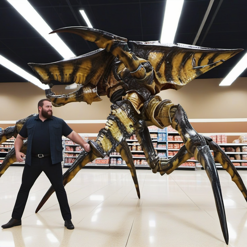 Starshiptrooper1024, a giant bug chasing a fat man in wallmart, full body, features intricate detail, detailed eyes, highly detailed, photography, ultra sharp, film, bokeh, professional, 4k  <lora:Starshiptrooper1024:0.8> <lora:add-detail-xl:2>