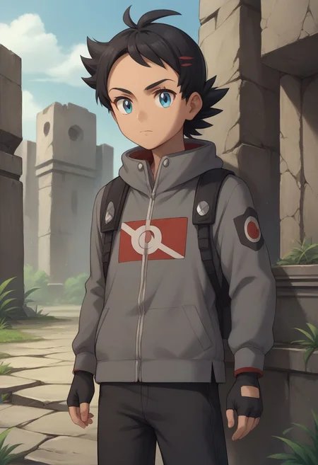 score_9, score_8_up, source_anime, highly detailed, 1boy, solo, skinny, human child,
go2, 1boy, male focus, solo, blue eyes, closed mouth, antenna hair, eyelashes, bangs,
jacket, grey jacket, long sleeves, pants, fingerless gloves,
outdoor, ruins