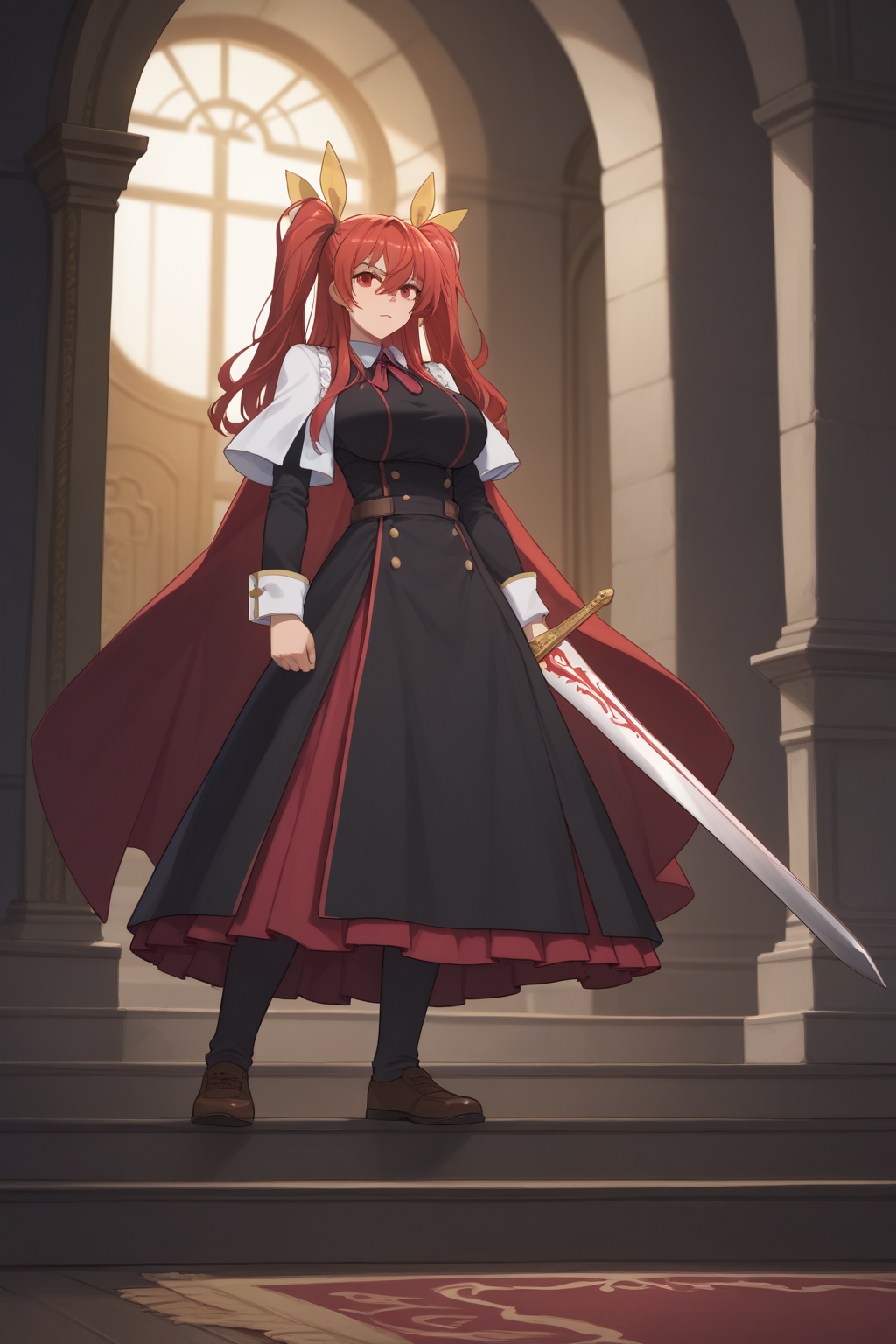 score_9, score_8_up, score_7_up, score_6_up, score_5_up, score_4_up, masterpiece, high quality, BREAK, full body, BREAK, 1girl, BREAK,   <lora:Stella Vermillion:0.8> red hair, twin tails, yellow hairpieces, claymore, gigantic sword, broadsword, red eyes, large breasts,