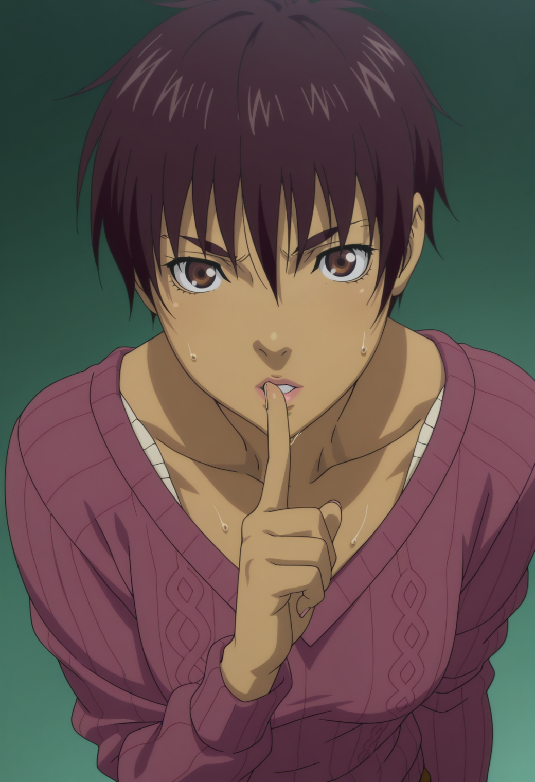 masterpiece, best quality, amazing quality, anime coloring, anime screencap, solo, 1girl,   <lora:DX888Casca:1>  casca, dark-skinned female, bronw hair, brown eyes, pixie cut, cross-laced sweater, purple sweater, v-neck, wet sweater,   BREAK shushing, green  background gradient background, from above,