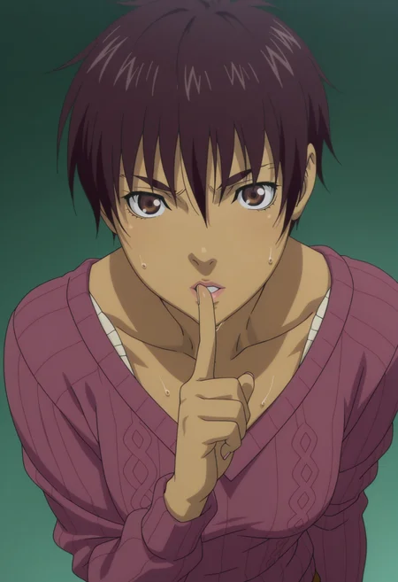 masterpiece, best quality, amazing quality, anime coloring, anime screencap, solo, 1girl, <lora:DX888Casca:1> casca, dark-skinned female, bronw hair, brown eyes, pixie cut, cross-laced sweater, purple sweater, v-neck, wet sweater, BREAK shushing, green background gradient background, from above,