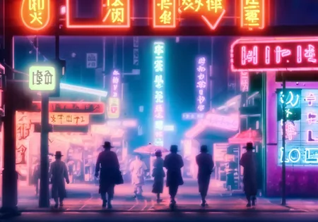 kanji, war in Heaven, Neon Street, interdimensional toky in another world, ggffff666666