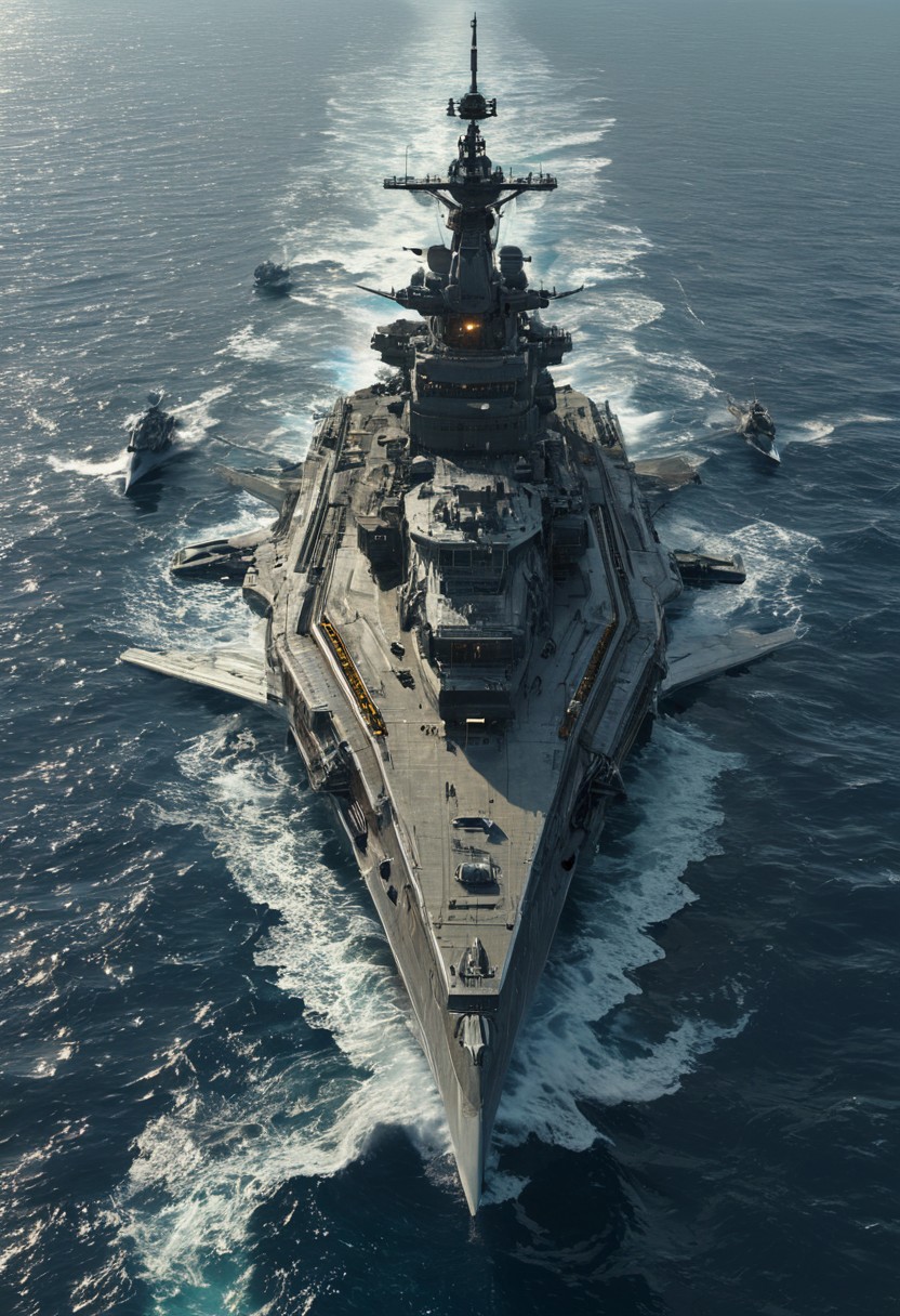 score_9, score_8_up, score_7_up, CGI-rendered, aerial view, ultra-detailed military ship, massive futuristic aircraft carrier, surrounded by a coordinated fleet of AI-controlled drones and warships, deep blue sea, hyper-detailed water reflections, ocean ripples, realistic waves, cinematic lighting, ((next-gen alloy hull with stealth technology)), ((laser turrets, railguns, and electromagnetic missile pods)), ((smokestacks emitting subtle energy pulses)), intricate metal textures, high-tech naval vessel, strategic formation, photorealistic ocean surface, dynamic lighting effects, glistening metal surfaces, volumetric clouds, dramatic tension, international military presence, cinematic high-tech naval standoff, intense oceanic grandeur, photorealistic CGI, 8K rendering, ((neon-lit hull details reflecting off the water)), water spray, heavy artillery, war-ready stance, coordinated vessel movements, polished military-grade metal, deep sea contrast, ((dark storm clouds with streaks of lightning)), detailed deck elements, epic scale, hyper-detailed mechanical parts, immersive depth, atmospheric perspective, futuristic realism, ultra-sharp reflections, cutting-edge CGI graphics, high-end cinematic rendering.