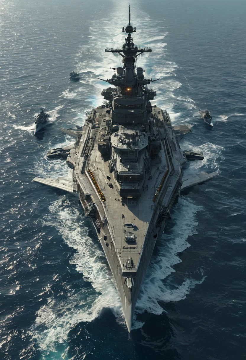 score_9, score_8_up, score_7_up, CGI-rendered, aerial view, ultra-detailed military ship, massive futuristic aircraft carrier, surrounded by a coordinated fleet of AI-controlled drones and warships, deep blue sea, hyper-detailed water reflections, ocean ripples, realistic waves, cinematic lighting, ((next-gen alloy hull with stealth technology)), ((laser turrets, railguns, and electromagnetic missile pods)), ((smokestacks emitting subtle energy pulses)), intricate metal textures, high-tech naval vessel, strategic formation, photorealistic ocean surface, dynamic lighting effects, glistening metal surfaces, volumetric clouds, dramatic tension, international military presence, cinematic high-tech naval standoff, intense oceanic grandeur, photorealistic CGI, 8K rendering, ((neon-lit hull details reflecting off the water)), water spray, heavy artillery, war-ready stance, coordinated vessel movements, polished military-grade metal, deep sea contrast, ((dark storm clouds with streaks of lightning)), detailed deck elements, epic scale, hyper-detailed mechanical parts, immersive depth, atmospheric perspective, futuristic realism, ultra-sharp reflections, cutting-edge CGI graphics, high-end cinematic rendering.