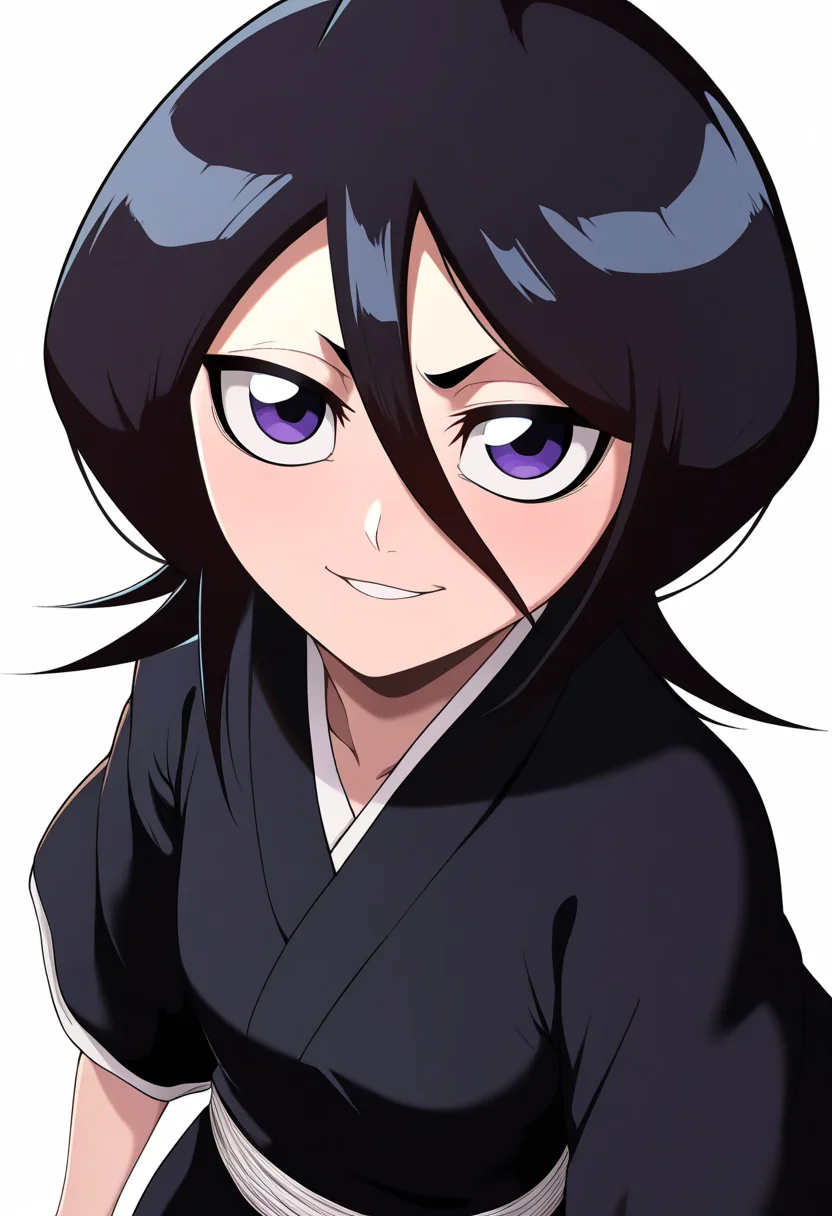 best quality, amazing quality, very aesthetic, absurdres,
1girl, kuchiki rukia, purple eyes, black hair, short hair,
black kimono, obi,
smile,
looking at viewer, solo, simple background, white background, <lora:RukiaKuchikiNoobXL_byKonan:1>