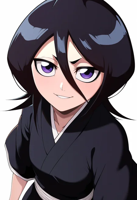 best quality, amazing quality, very aesthetic, absurdres,
1girl, kuchiki rukia, purple eyes, black hair, short hair,
black kimono, obi,
smile,
looking at viewer, solo, simple background, white background, <lora:RukiaKuchikiNoobXL_byKonan:1>