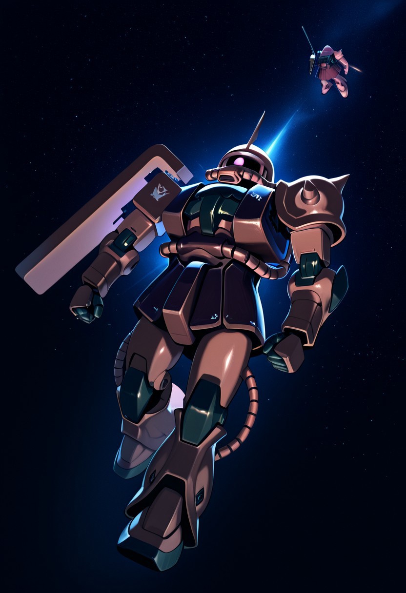 score_9, score_8_up, score_7_up, score_6_up, score_5_up, score_4_up, 4k quality, detailed, dramatic lighting, (chars zaku, gundam, robot), (no humans:1.1), best quality, masterpiece, floating in space