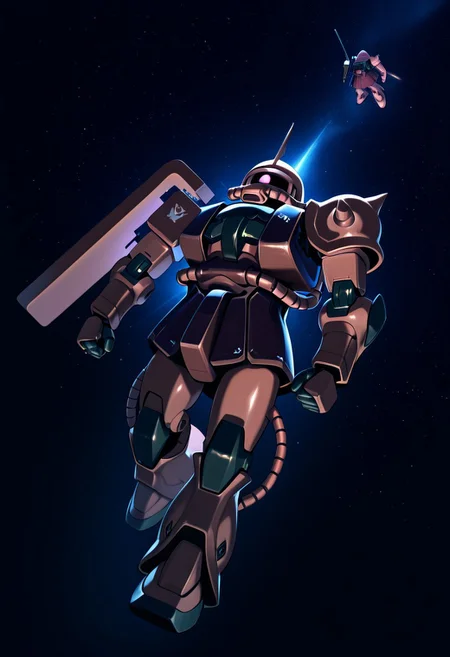 score_9, score_8_up, score_7_up, score_6_up, score_5_up, score_4_up, 4k quality, detailed, dramatic lighting, (chars zaku, gundam, robot), (no humans:1.1), best quality, masterpiece, floating in space