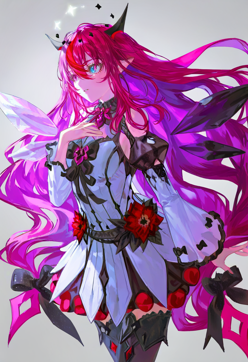 1girl, long hair, irys \(hololive\), virtual youtuber, solo, wings, horns, detached wings, very long hair, heterochromia, dress, pointy ears, detached sleeves, halo, purple hair, white dress, blue eyes, multicolored hair, floating hair, red hair, flower, bangs, purple eyes <lora:quasarcakeXL_NBVP1_lokr_V6311P:0.95>