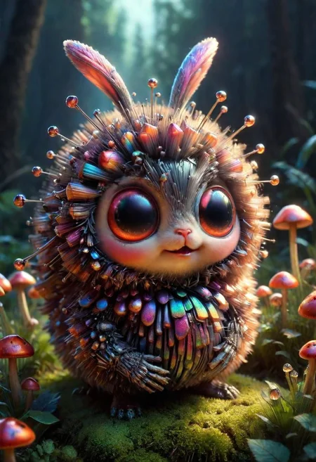 Mix the glowing-mushrooms, bunny and curly fur to create adorable magical ladybug with big glowing eyes, masterpiece, Surrealism, close-up, macro photo, f/1.2, backlighting, Albert Edelfelt, multicolored hair