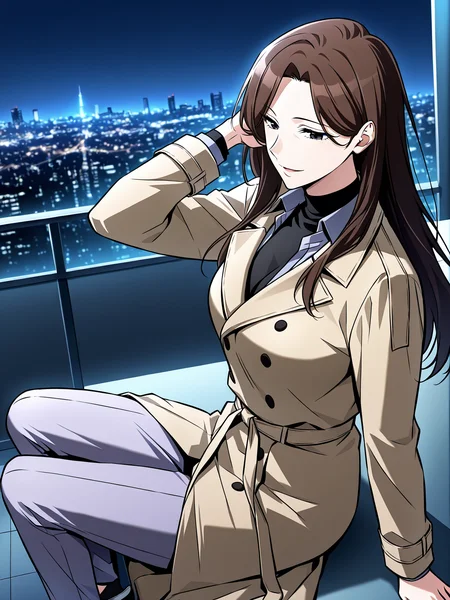 <lora:Omniscient_Readers_Viewpoint__Lee_Sookyun:1>
1 girl, solo, long hair, brown hair, straight hair, center parted hair, black eyes, mature female,
beige trench coat, long coat, double breasted coat, tied waist belt, black undershirt, navy dress shirt, lavender pants, white slip-on shoes,
score_9, score_8_up, score_7_up, very aesthetic, source_anime, detailed, high quality, beautiful, masterpiece, detailed eyes, night, illuminated city background, blurry background, cityscape, pose dynamic angle, light smile, open mouth, hand on hair, sitting