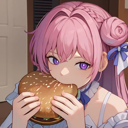 score_9, score_8_up, score_7_up, score_6_up, source_anime BREAK 1girl, <lora:jermawhopper-pdxl-nvwls-v1-000005:1> jermaWhopper, eating, burger, looking at you, upper body <lora:dorothy-nikke-richy-v1_pdxl:1> dorothydef, pink hair, long hair, hair bun, braid, purple eyes, hair ribbon, hair ornament, purple ribbon, white dress