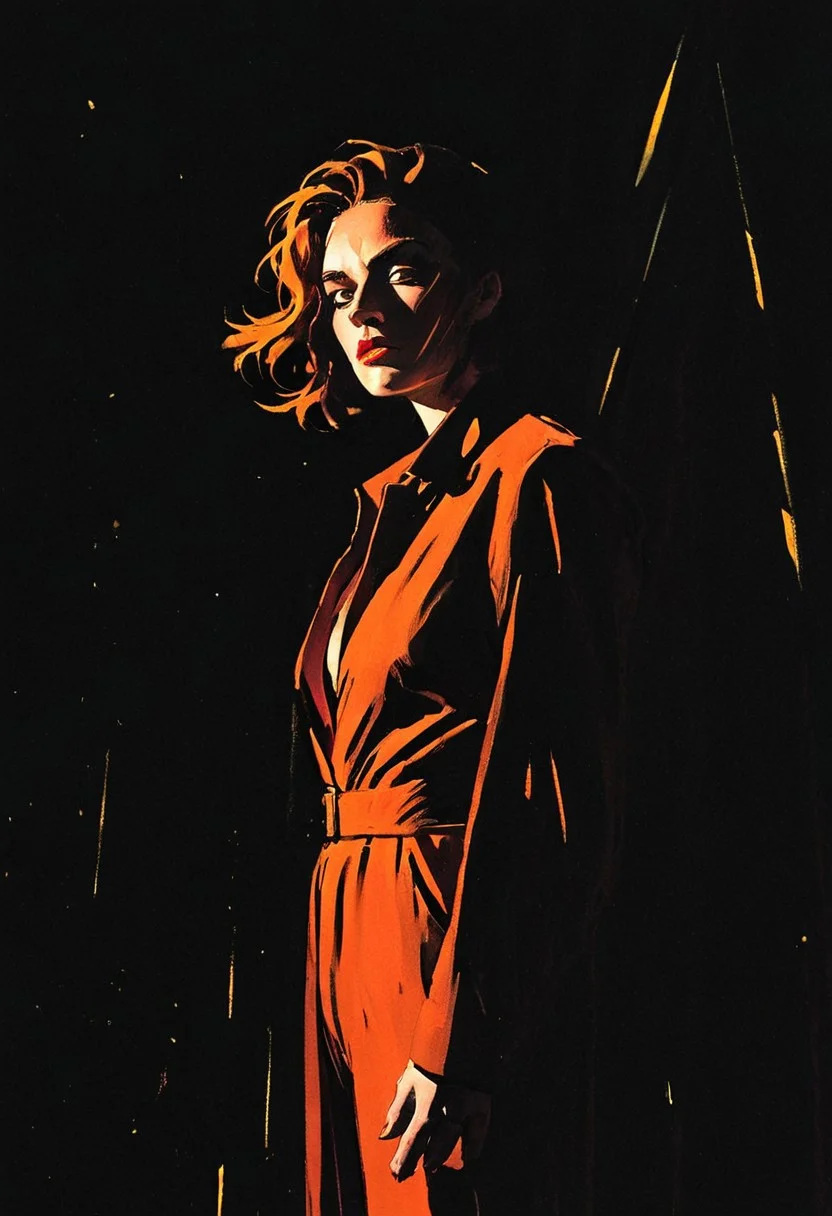 (Masterpiece, Best Quality, Highres:1.4), (dramatic, cinematic:1.2) color wash, ink wash, illustration, storytelling, cinematic, graphic novel cover depicting scifi swashbuckler smuggler wearing rust-colored adventurer jumpsuit, daring expression, standing alone within starship junkyard, she is partially cloaked in darkness, high contrast, strong contrast between light and shadow, solo, neo-noir ethereal portrait, chrome-kissed halides, golden venetian blind streaks of light running across the face with the rest of the room surrounded by deep shadows, slicing across their face and shoulder in alternating bands. The scene evokes 1940s noir with a modern twist—polished, seductive, and full of latent danger., aidmamj6.1, 3xpr3sgg0th1cn30n1nc4s3, ExpresHGothicNeonIncaseUOC, ExpresHGothicNeonIncase,