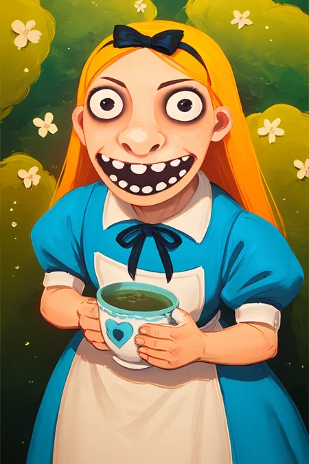 score_9, score_8_up, score_7_up, score_6_up, 1girl, alice in wonderland, disney character, holding a cup of tea, light smile, mid shot, <lora:lozhkin_pony:0.85> lozhkin, open mouth, teeth, big smile