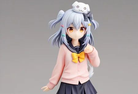 tamakiDefault, 1boy, dghd, dog hair ornament,  blue hair, grey hair, two side up, orange eyes, hair between eyes, dog tail, otoko no ko, multiple hair bows,  black bow, yellow bowtie, black skirt, black thighhighs, brown footwear, pink cardigan,