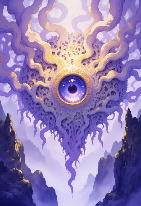 Anime pastel art, vibrant contrast art, a pitch purple setting,source_anime, masterpiece, best quality, very aesthetic, absurdres, art style, pastel art style, ((epic fantasy landscape featuring a floating, Eye with surrouding many eyes, as if sculpted by the wind itself. The Huge eye is a masterpiece of organic architecture, with flowing, ribbon-like arms that curve and intertwine, adorned with intricate carvings, glowing runes, and shimmering, crystalline details. Its surface reflects a soft, iridescent glow, shifting in color with the light—hints of gold, silver, and pale blue. )) surrounded by mist-covered mountains, imposing and vast in scale, with an eerie emptiness that evokes megalophobia. gold theme, gorgeous details, high depth perception, photorealistic rendering, perfectly layered colors and shadows, breathtaking scale and structure.( GOLD AND WHITE BIBLICAL THEME)