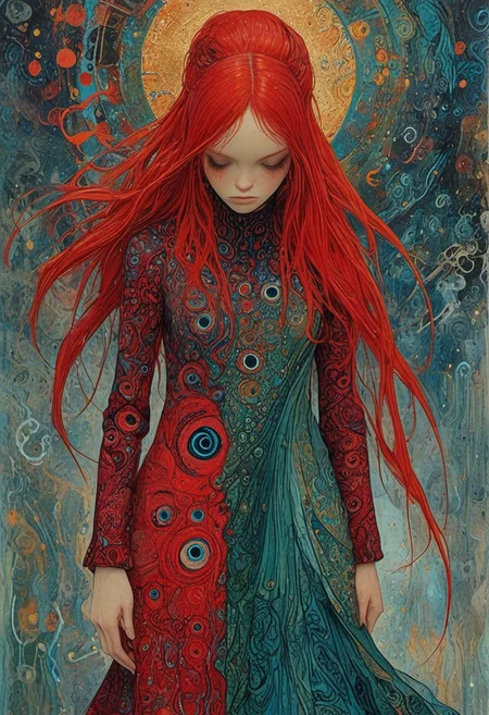 The composition includes evil female, red long dress, long red hair with glitter, fashion photography painting, in the style of teal and gold. in the background, tintricate stunning highly detailed, abstract, trippy, 60s style, op art, dark blues and blacks, patterns, hypnotic, art by careening into peace.