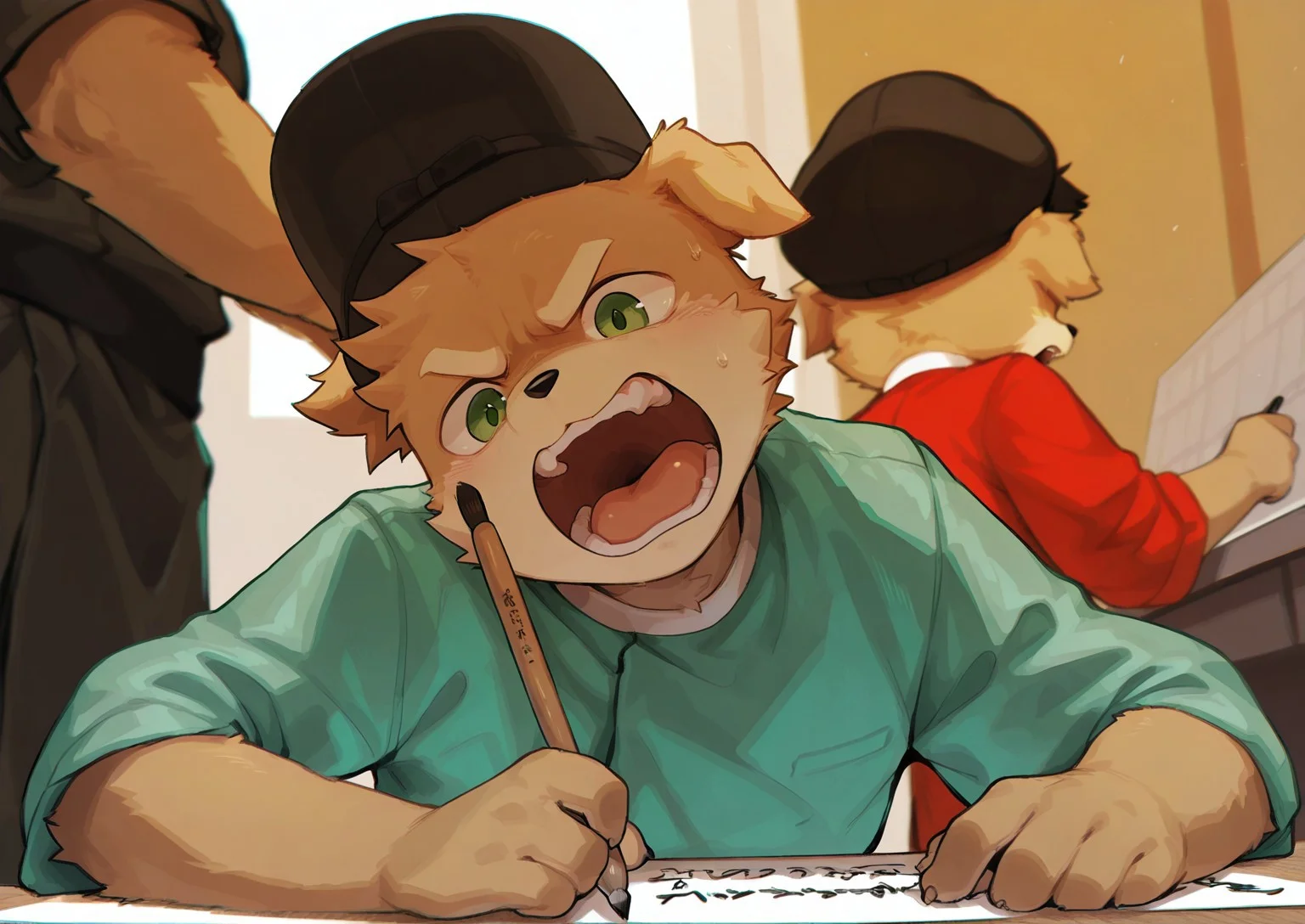 chromatic aberration, depth of field, detailed background, dutch angle, anthro, young, small body, short body, furry, furry male, fur, male, boys only, dufu, open mouth, uniform,dufu hat,hat band, writing poem, writing brush, angry, intense grimace, masterpiece, best quality, amazing quality, by syuro
